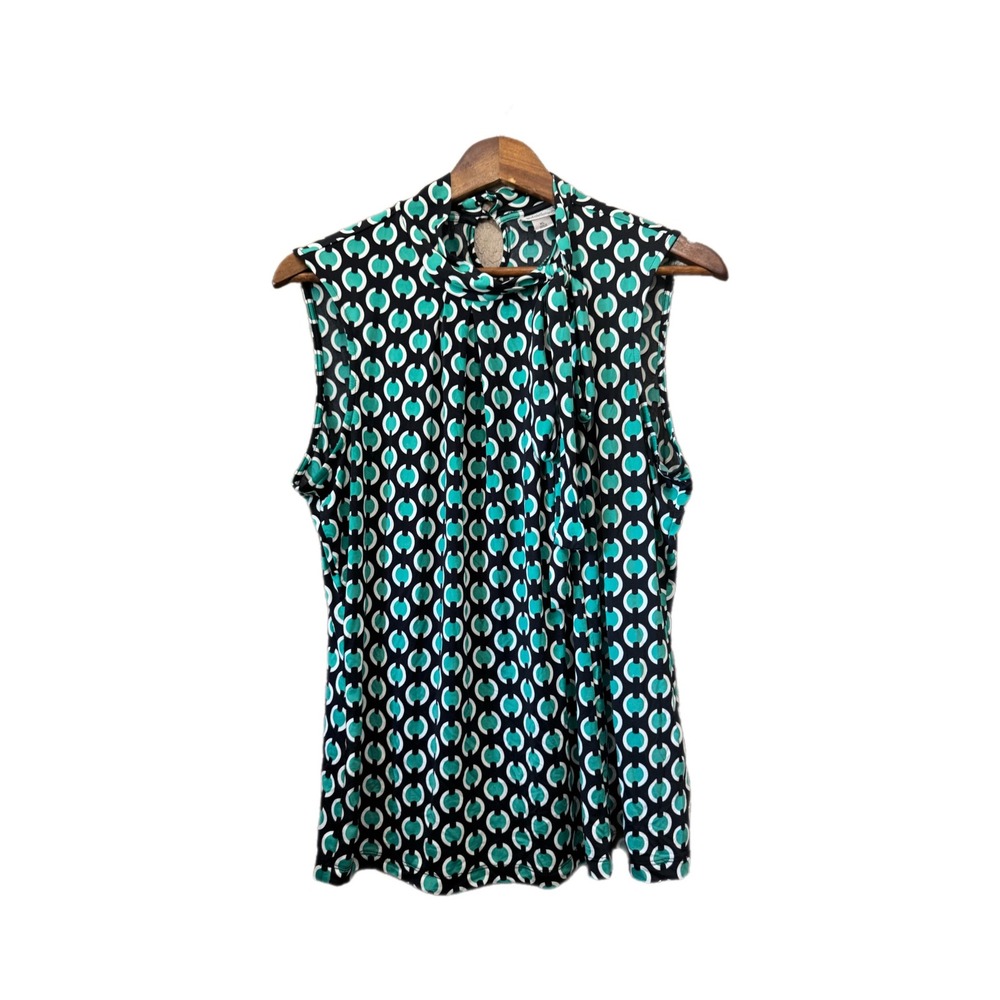 Worthington Blouse Womens XL Teal Black Geometric Tie Neck Sleeveless Excellent